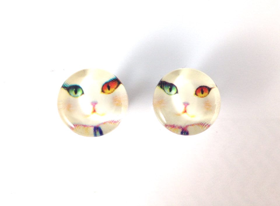 Cat Face Glas Cabochons Stecker Gauges in 00G, 10mm von hoopsandloops