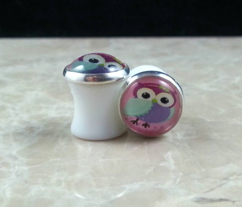 Eule Ohrstöpsel 00G 10mm Pink Lila Regenbogen Bunt von hoopsandloops