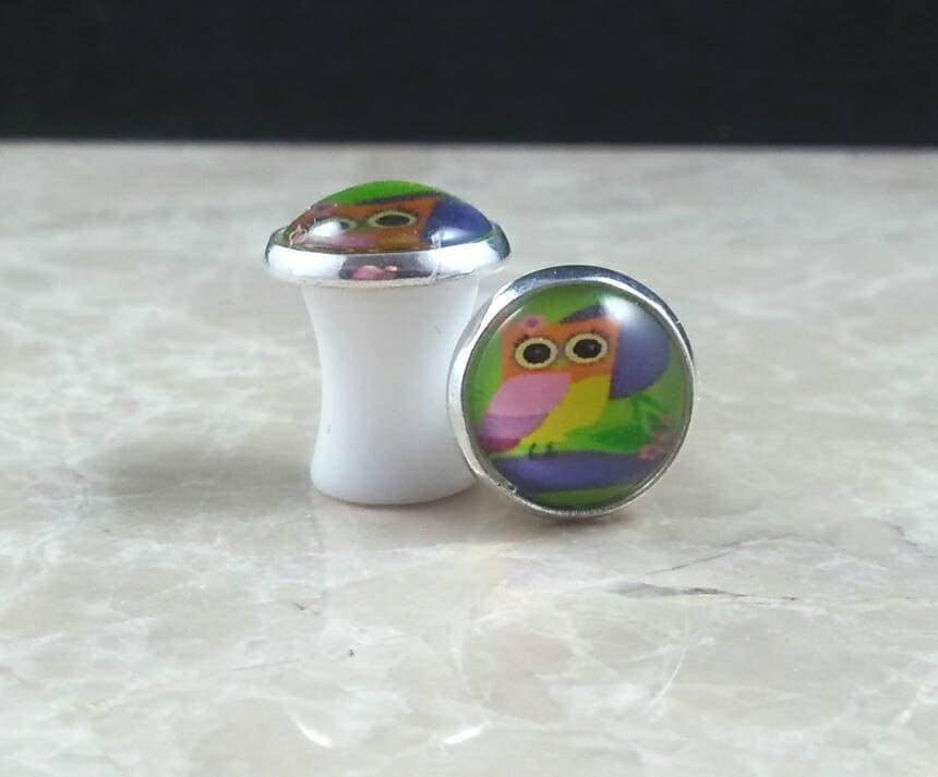 Eule Ohrstöpsel 0G 8mm Grün Lila Orange Regenbogen Bunt von hoopsandloops
