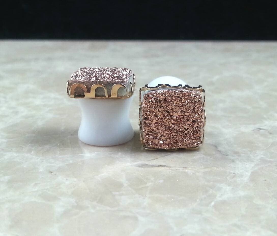Kupfer Rose Gold Quadrat Druzy Drusy Plugs Gauges in Spitze Einstellung 00G, 10mm Hochzeit Brautjungfern von hoopsandloops