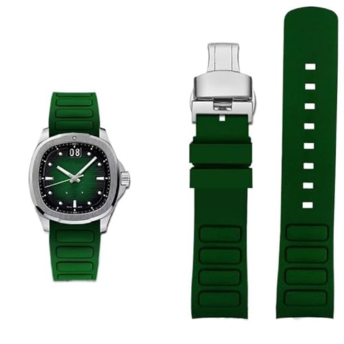 hoosouk Gebogenes Herren-Uhrenarmband aus Gummi für Mido Multifort TV M049.526, Sportarmband, Schnellverschluss, grün-blau, Silikonband(Green silver Folding) von hoosouk