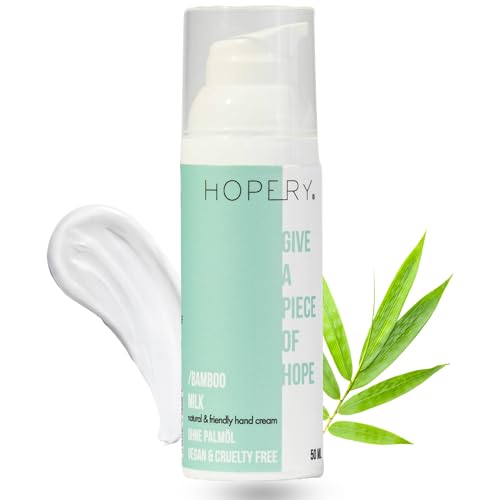 HOPERY Handcreme Bambus Milch – Intensive Handpflege für trockene & rissige Hände – Schnell einziehend, ohne Palmöl & Parabene, vegan, mit Bio-Arganöl & Vitamin E, 50ml (50ml, Bambus Milch) von hopery