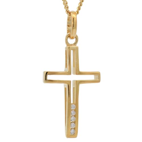 Anhänger Kreuz massiv 333-8 Karat Gold mit vergoldeter Silberkette, Kettenlänge:38 cm Kindergröße von hoplo holzenplotz
