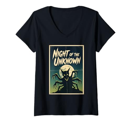Damen Nacht des unbekannten Mondes Monster T-Shirt mit V-Ausschnitt Damen Nacht des unbekannten Mondes Monster T-Shirt mit V-Ausschnitt von horror moon creature monster midnight haunted