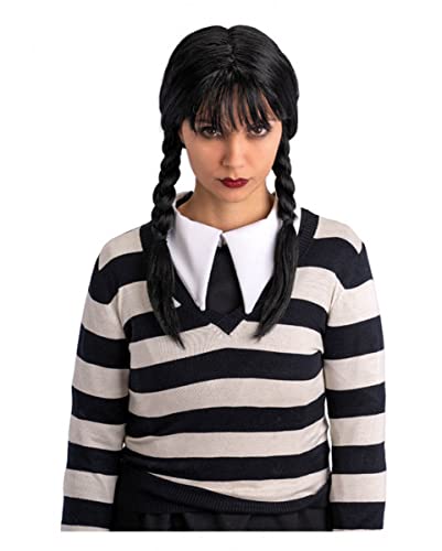 Schwarze Gothic Girl Perücke mit Zöpfen und Pony von horror-shop