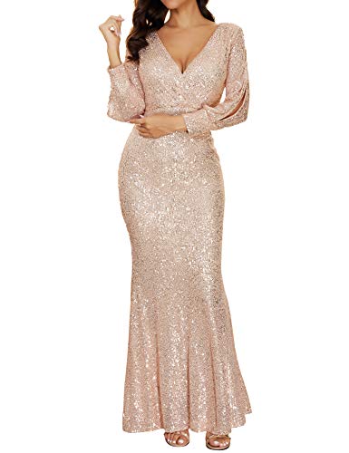 Damen Abendkleid mit V-Ausschnitt, lange Ärmel, glitzernde Pailletten - Beige - Groß von houstil