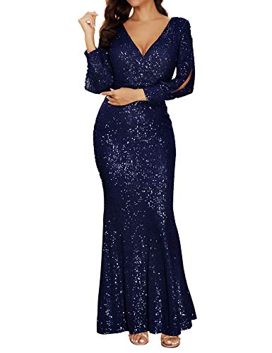 Damen V-Ausschnitt Langarm Glitzer Pailletten Meerjungfrau Abendkleid Kleid, Blau, Mittel von houstil