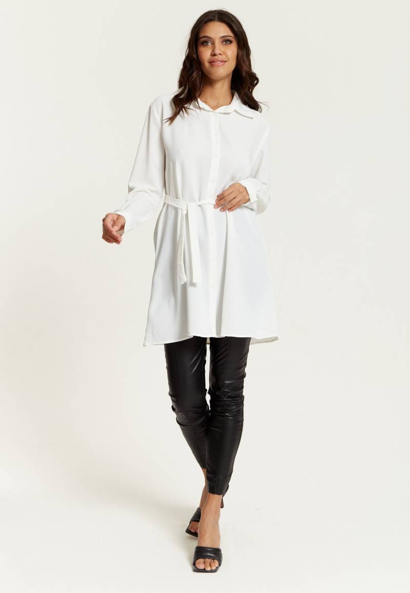 Oversized Gürtel Detaillierte Tunika Shirt Mit Langen Ärmeln in Weiß, Chic Office Wear von hoxtongal