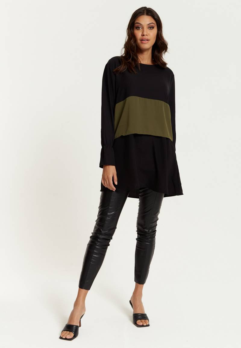 Übergroße Satin Mit Langen Ärmeln Farbblock Tunika-Oberteil in Khaki, Schwarz Und Khaki von hoxtongal
