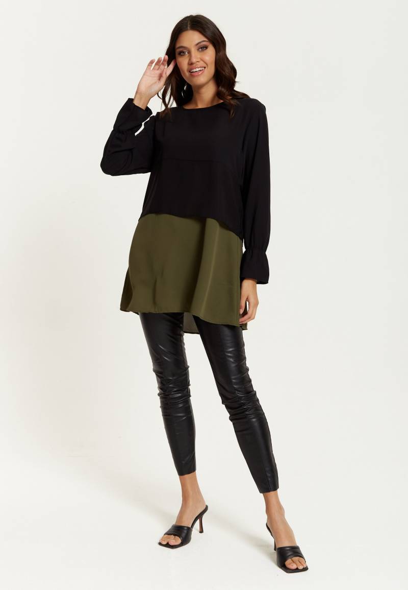 Übergroße Satin Mit Langen Ärmeln Farbblock Tunika-Oberteil in Khaki, Schwarz Und Khaki von hoxtongal