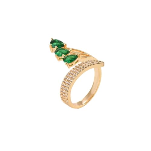 Verstellbarer modischer Drei-Stein-Ring für Sie, tropfenförmig, Zirkonia, grüner Smaragd, erweiterbar, offener Ring, Hochzeit, Brautschmuck, Modeschmuck (Gold) von hsiyyecg