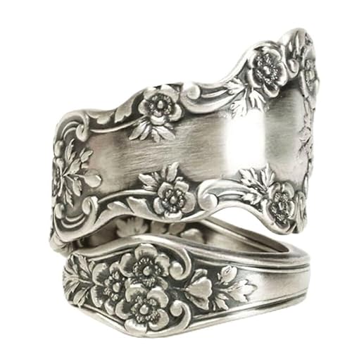 Vintage-Blumenring für Damen, thailändischer antiker Silberring, breiter Daumenring, Boho-Stil, Blumenmuster, Siegelring, Bandring, US Code 6 von hsiyyecg
