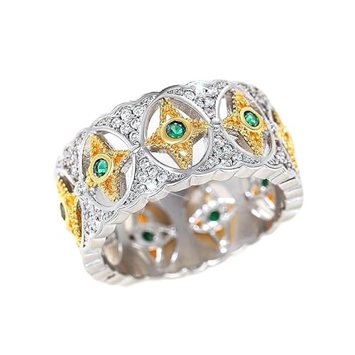 hsiyyecg Einzigartiger hohler Blumenschmuck, zweifarbiger Ring, Verlobungsring, Hochzeit, Braut-Set, Stern und Mond mit grünem Edelstein, Zirkonia, Ewiger Bandring, US Code 10, Edelstein, Diamant von hsiyyecg