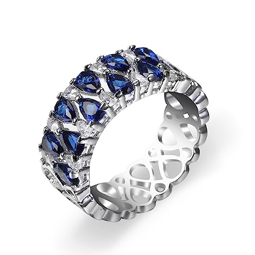 hsiyyecg Ewigkeitsring für Damen, Tropfenform, blauer und weißer Zirkonia, zweireihig, künstlicher Saphir, breiter Bandring, US Code 8, Saphir von hsiyyecg