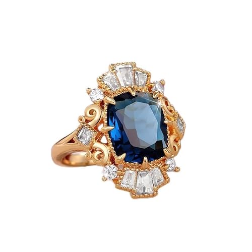 hsiyyecg Glänzender klassischer Ring mit 18 Karat Gelbgold, vergoldetes Silber, blauer Saphir, Halo und weißer Zirkonia, Verlobungsring, Statement, breites Gesicht für Damen, US Code 9, Stein:, Saphir von hsiyyecg