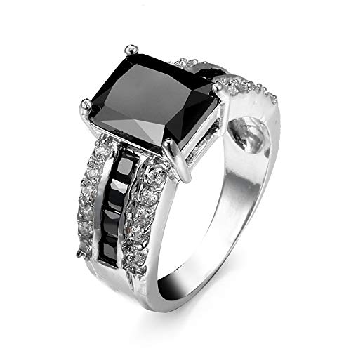 hsiyyecg Quadratischer Halo-Ring mit Smaragdschliff, platiniert, Zirkonia, Hochzeit, Party, Statement, Cocktail, modisch, simulierter schwarzer Achat für Damen, Größe 6–10, US Code 6, Cubic Zirkonia von hsiyyecg