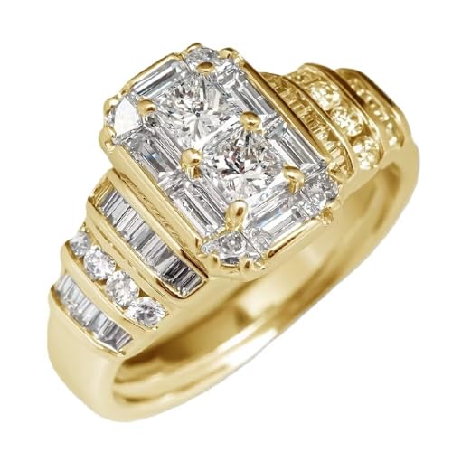 hsiyyecg Verlobungsring für Damen, mit Gelbgold vergoldet, antiker Stil, Brautschmuck, Hochzeit, Verlobungsring, Zirkonia, Halo, Baguette, Prinzessschliff, Cluster CZ (6) von hsiyyecg