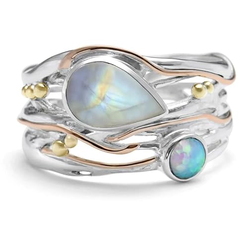 hsiyyecg Vintage Tropfenform & runder Mondstein Ring Linie gewickelt breites Gesicht Ring Böhmische Mode Damen Statement Band Finger Ring, US Code 9, Mondstein von hsiyyecg
