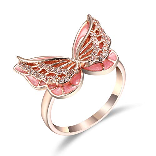 hsiyyecg Zierlicher niedlicher Ring mit fliegenden Flügeln, Schmetterling, Glasur, Emaille, rosa Zirkonia, Zirkonia, für Damen, rotvergoldet, Schleife, Knoten, Hochzeitsschmuck, Geschenke (7) von hsiyyecg