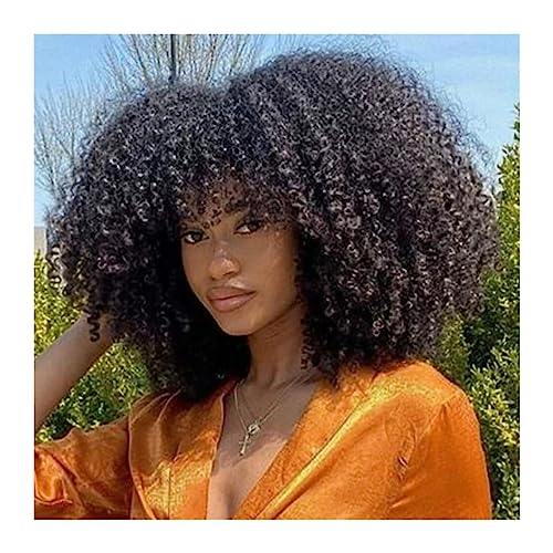 Perücken für Frauen 12 Zoll Afro Verworrene Lockige Synthetische Perücken Kurze Lockige Perücke Mit Pony Natürliches Schwarz Täglicher Gebrauch Leimloses Hochtemperaturhaar Perücken von huanglyc-232