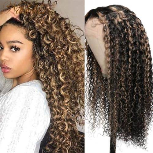 Perücken für Frauen 13x4 Lace-Front-Perücke, lockige Perücke mit blonden Klavier-Highlights, Lace-Front-Perücke, vorgefärbtes Ombre-Haar Perücken(130%,16inches 1PC) von huanglyc-232