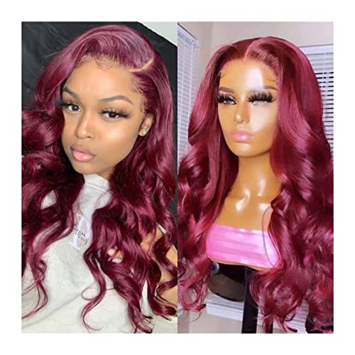 Perücken für Frauen 99J Burgund Synthetische Spitzeperücke for Frauen Ohne Klebstoff, vorgezupfter Haaransatz, T-Teil, Spitzeperücke mit Babyhaar, lange Körperwelle, hitzebeständige Faserspitzeperücke von huanglyc-232
