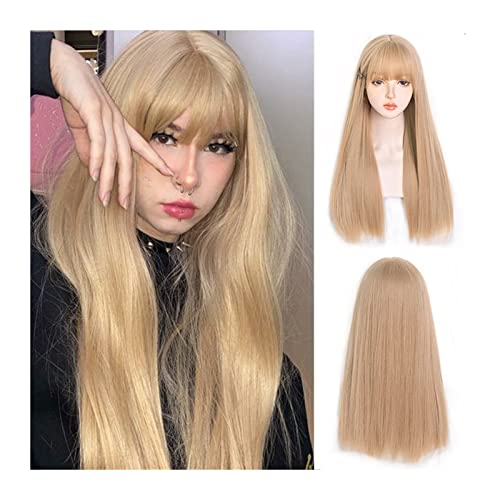 Perücken für Frauen Blonde Perücke mit Knall for Frauen Mädchen 61 cm lange glatte blonde Perücke Natürliche hitzebeständige synthetische Perücke for Cosplay und den täglichen Gebrauch Perücken von huanglyc-232