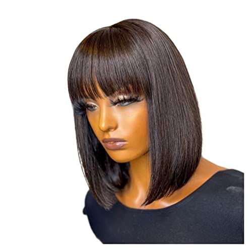 Perücken für Frauen Maschinell hergestellte kurze Perücke for Einnähen mit Pony Echthaarperücken Brasilianische gerade Perücke mit Pony for Frauen leimlose Perücken Perücken(10 inch,150 density) von huanglyc-232