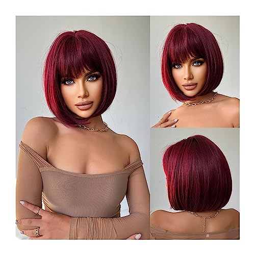 Perücken für Frauen Natürliche tägliche Damenperücken mit Pony, hitzebeständig, Weihnachten, rote Perücke, kurze Bob-Synthetik-Perücke, Halloween, Cosplay Perücken(LC8089-1) von huanglyc-232