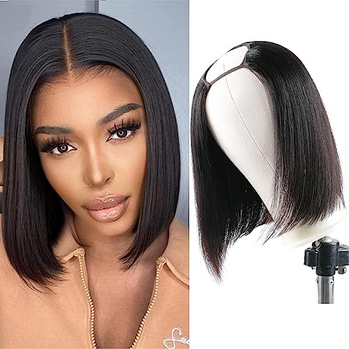 Huairisi 10 Inch Straight Bob Wigs for Women None Lace, Short Straight U Part Wig Bob Human Hair, Shoulder Length Glueless Brazilian Straight Wigs Virgin Hair Natural Color Can Be Retyled von huarisi