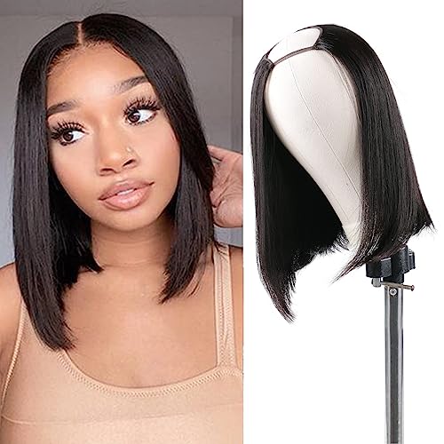Huairisi U part Bob Wig Human Hair for Black Women, 12 inch Straight Hair Bob Wigs No Lace No Bangs, 8a Brazilian U Part Bob Human Hair Wigs with Clips in Extensions Natural Colour von huarisi