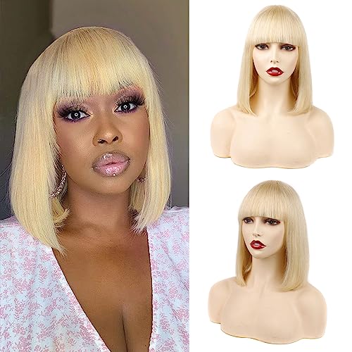 Huarisi 10 Inch Bonde Straight Human Hair Bob Wigs with Bangs 613 Short Bob Wig with Fringe None Lace Blonde Brazilian Bob Straight Wigs Human Hair for Women von huarisi
