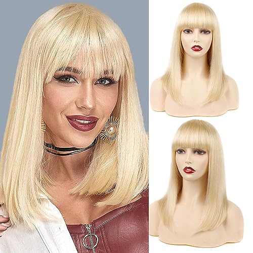 Huarisi 14 inches Blonde Straight Wigs with Bangs, 613 Human Hair Wigs Bob None Lace, 10a Bob Wigs for Women, Soft and Breathable Unprocessed Brazilian Hair Wigs Can be Restyled von huarisi
