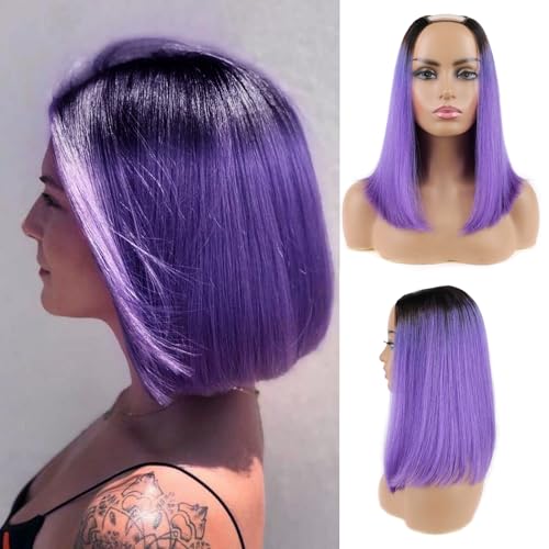 Huarisi 1b/purple Bob Perücke Echthaar Kurz U Teil 14 Zoll, Grade 8a Straight Human Hair Purple Wigs Bob for Women with Clips None Lace, Ombre Upart Bob Wig with Dark Roots and Purple Look Natural von huarisi