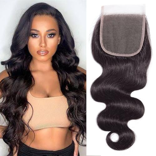 Huarisi 4x4 Closure Human Hair 20 Inch Free Part Lace Closures 12a Grade Brazilian Body Wave Virgin Wavy Hair Natural Colour Soft Transparent Lace Sew in Natural Hairline for Women von huarisi