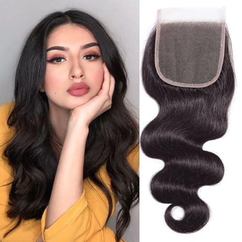 Huarisi 4x4 Human Hair Closure 12 inch Remy Body Wave Brazilian Virgin Hair Transparent Lace Closures with Baby Hair Free Part Sew in Natural Hairline for Black Women von huarisi