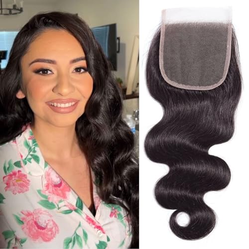 Huarisi 4x4 Transparent Lace Closure Human Hair Body Wave 10 Inch Brazilian Short Wavy Closures with Baby Hair Sew in Natural Hairline Free Part Soft for Black Women von huarisi