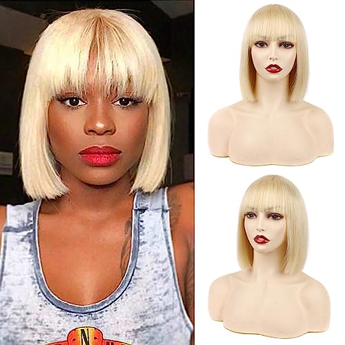 Huarisi 8 Inch Short Blonde Bob Wigs with Bangs Human Hair Straight 613 Color 8a None Lace Glueless Brazilian Hair for Black Women von huarisi