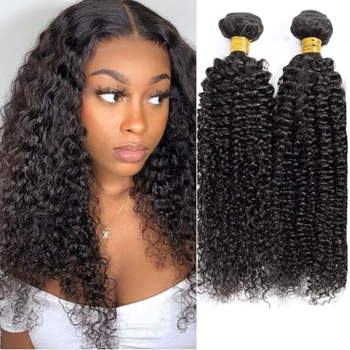 Huarisi Curly Human Hair 2 Bundles (14 16 inch), 7A Unprocessed Virgin Brazilian Curly Hair, Kinky Curly Weaves Bundles for Black Women, Natural Color Real Hair Extensions Weft 200g von huarisi