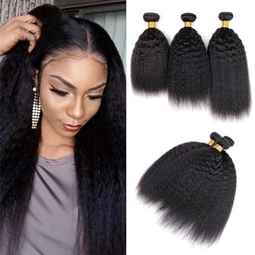 Huarisi Kinky Straight Bundles Human Hair 10 12 14 Inch, Short Brazilian Yaki Hair 3 Bundles for Black Women, Real Hair Yaki Straight Weaves Extensions Double Weft Natural Color von huarisi
