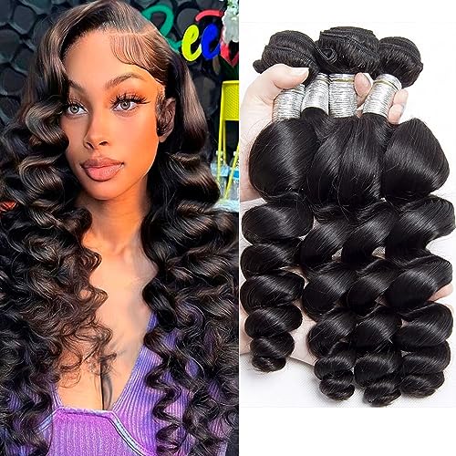 Huarisi Loose Wave Bundles Human Hair 20 22 24 26 Inch, 8a Loose Wave Hair Weaves, Natürliche Farbe Haarverlängerungen Tressen Echthaar 400g, Brasilianische Haar 4 Bündel for Black Women von huarisi
