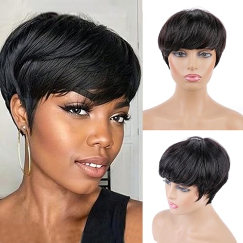 Huarisi Short Layered Pixie Cut Wig with Bangs Human Hair for Black Women Glueless Bob Wigs None Lace Natural Black Straight Breathable Daily Use 1B von huarisi
