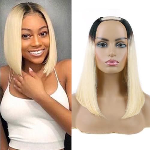 Huarisi Short U Part Bob Wigs Ombre for Women 12 Inch, 1B613 Bob Echthaar Perücke Keine Spitze Kurz Glatt, U Shape Bob Wig Black to Bleach Blonde Blend Natural von huarisi