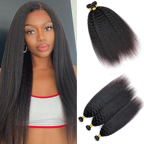 Huarisi Yaki Human Hair 3 Bundles 22 24 26 inches Natural Color Long Kinky Straight Human Hair Weaves Double Weft Brazilian Yaki Straight Virgin Remy Hair Extensions for Black Women von huarisi