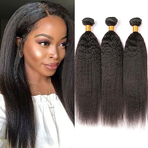 Huarisi Yaki Kinky Straight Human Hair 3 Bundles 18 20 22 Inches Brazilian Yaki Hair Bundles Weaves for Black Women 9A Unprocessed Virgin Hair Sew in Weft Natural Color von huarisi
