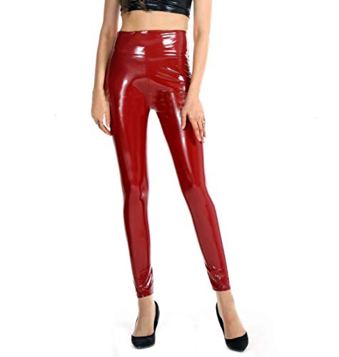 huateng Damen Leder Leggings Hohe Taille Elastisch PU Leder Skinny Hose Wet Look Metallisch Latex Leggings von huateng