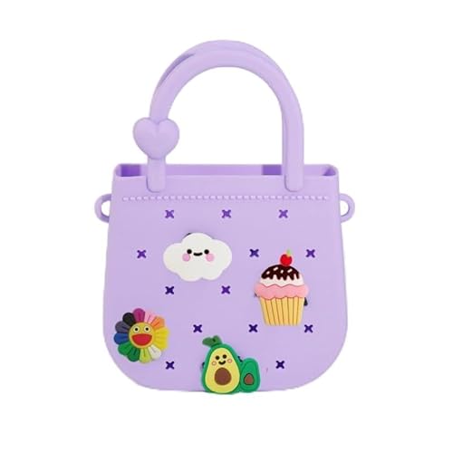 huefeel Mini-Silikon-Tragetasche, Gummi-Strandtasche mit verstellbarem Riemen und 25 niedlichen Dekorationen für kleine Mädchen und Frauen, Violett huefeel Mini-Silikon-Tragetasche, Gummi-Strandtasche mit verstellbarem Riemen und 25 niedlichen Dekorationen für kleine Mädchen und Frauen, Violett von huefeel
