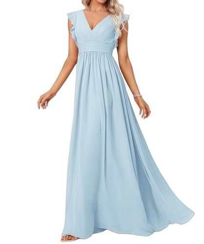 Abendkleid Lang Elegant für Hochzeit V-Ausschnitt A-Linie Ballkleider Damen Neckholder Brautjungferkleider Chiffon Ballkleid Himmelblau 44 Size von huitutu