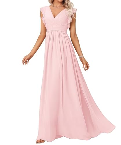 Abendkleid Lang Elegant für Hochzeit V-Ausschnitt A-Linie Ballkleider Damen Neckholder Brautjungferkleider Chiffon Ballkleid Rosa 44 Size von huitutu