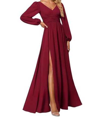 Abendkleider Elegantes Damen Für Hochzeit Lang Langarm Brautjungfernkleid Chiffon V-Ausschnitt Ballkleider Burgund 36 Size von huitutu
